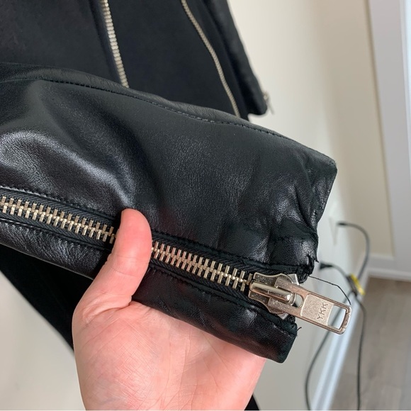 Mackage Dale Wool Trench Coat Asymmetrical Leather Sleeves Aritzia Size XXS - Picture 10 of 16